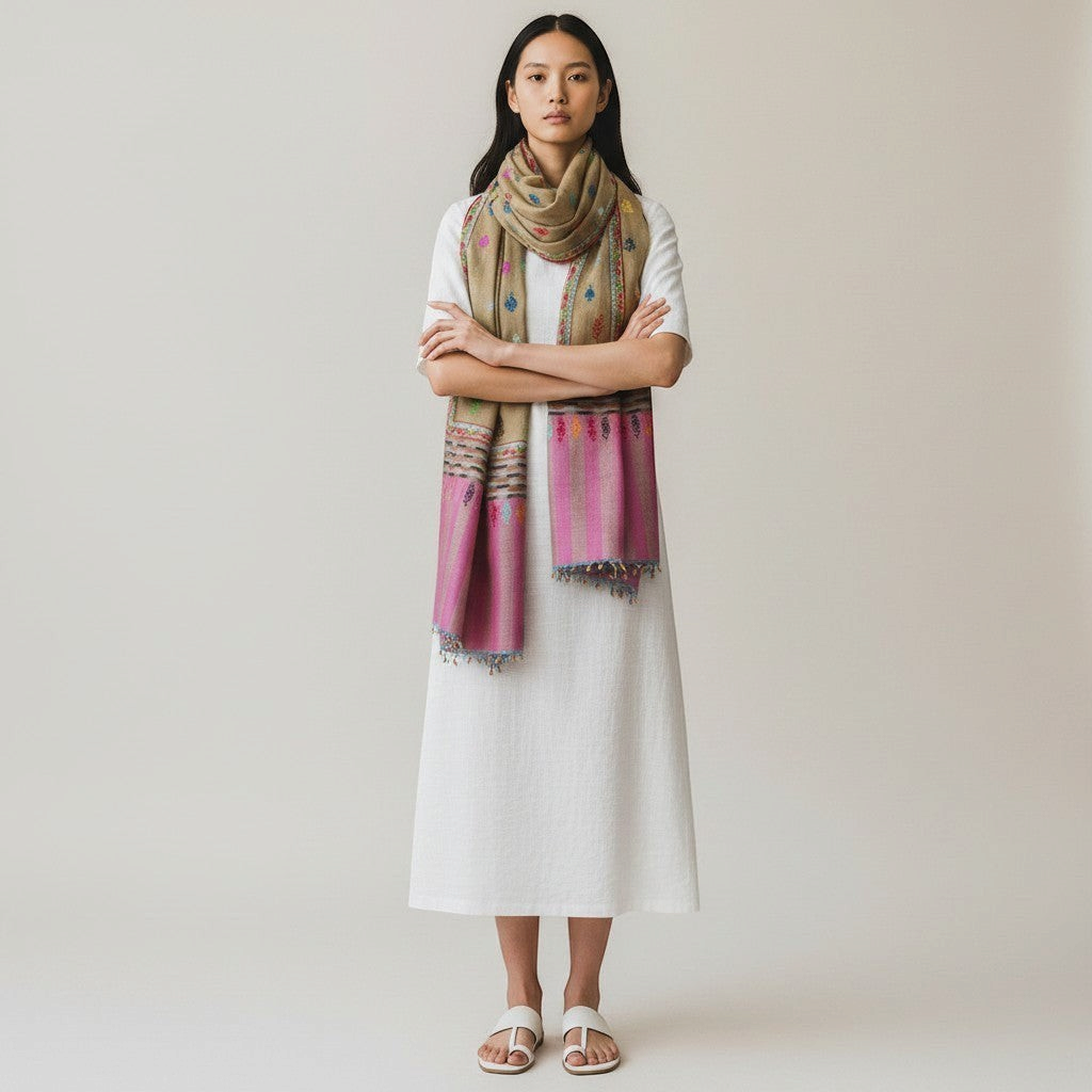 Indus Weavers olive green pure Pashmina shawl with pink woven borders and multicolor embroidery.