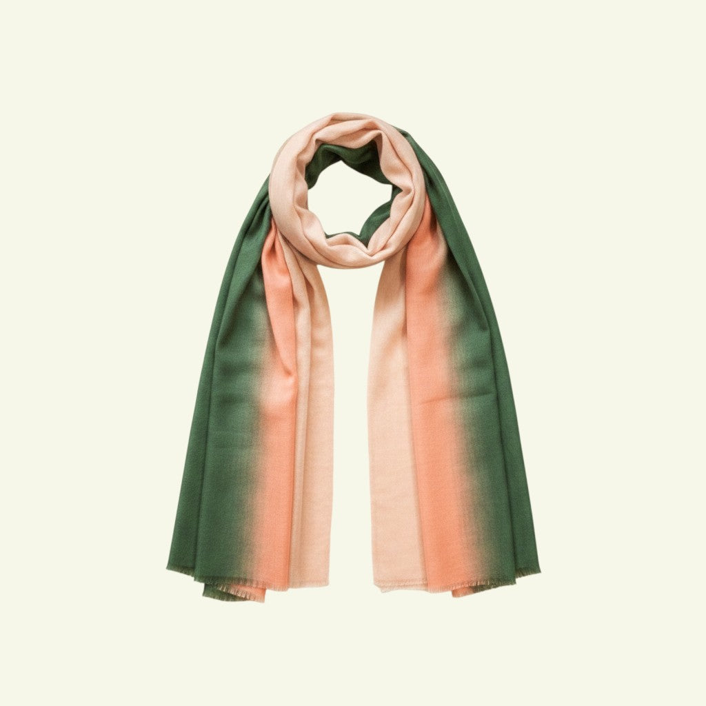 Indus Weavers OMBRE pure Kashmiri Pashmina shawl in a pink, beige, and green ombré gradient. Handwoven cashmere wrap.