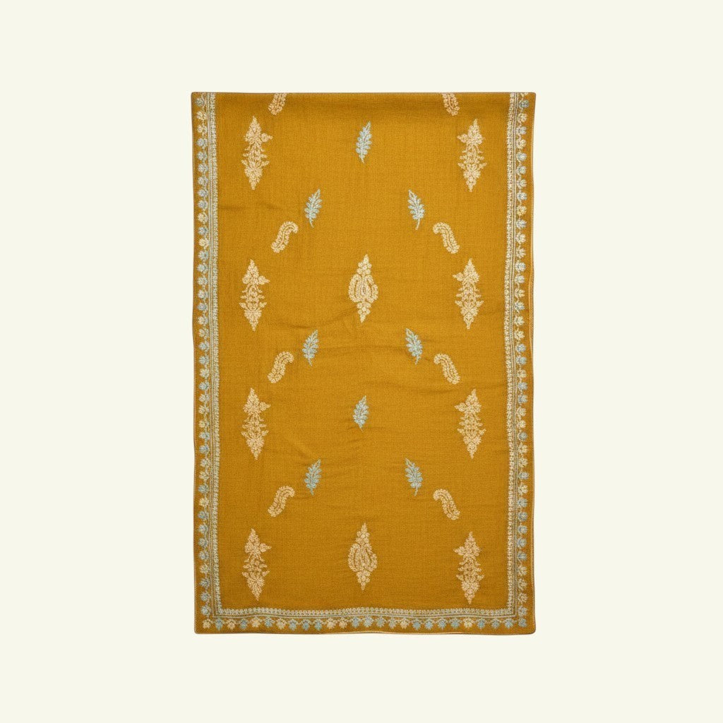 ORNELLA Pure Pashmina Cashmere Scarf – Draped View of Mustard Yellow Cashmere with Sozni Floral Embroidery | Indus Weavers