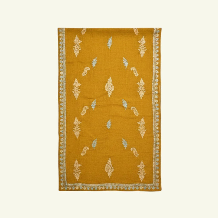 ORNELLA Pure Pashmina Cashmere Scarf – Draped View of Mustard Yellow Cashmere with Sozni Floral Embroidery | Indus Weavers