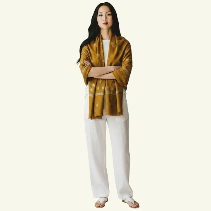 ORNELLA Luxury Cashmere Scarf – Flat Lay Showing Mustard Yellow Pashmina with Hand-Stitched Floral Embroidery | Indus Weavers
