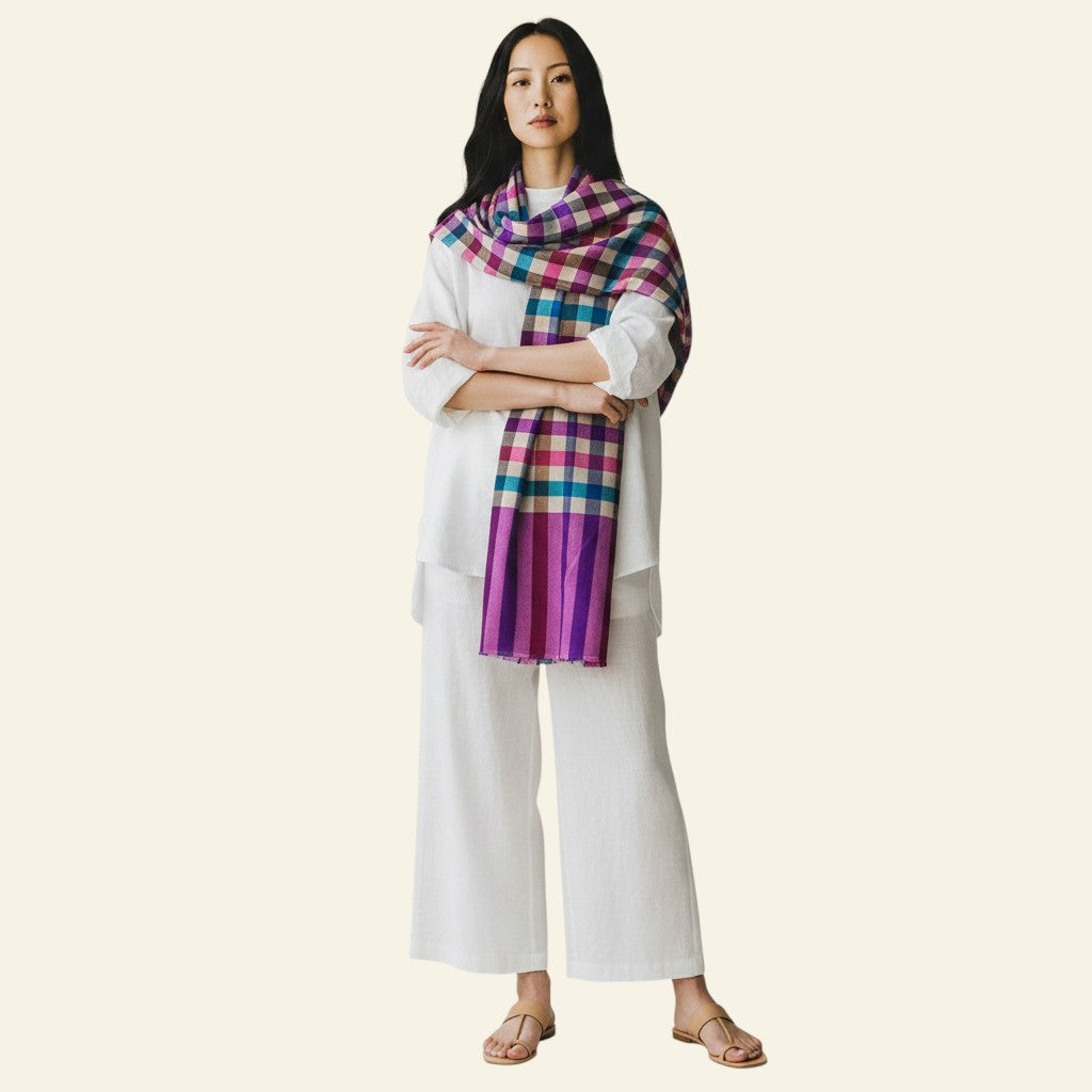 Indus Weavers CHIP pure Kashmiri checkered pashmina scarf in pink, blue, and beige. Handwoven cashmere wrap.
