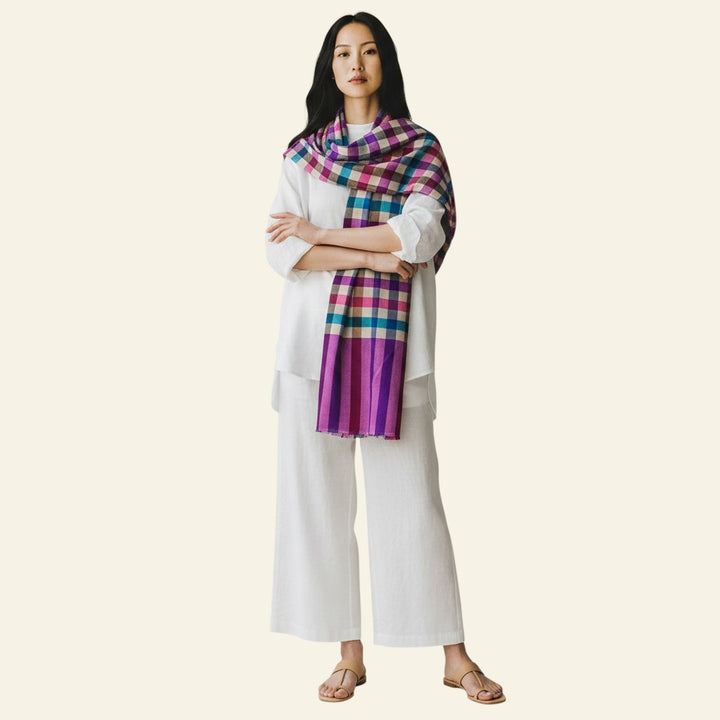 Indus Weavers CHIP pure Kashmiri checkered pashmina scarf in pink, blue, and beige. Handwoven cashmere wrap.