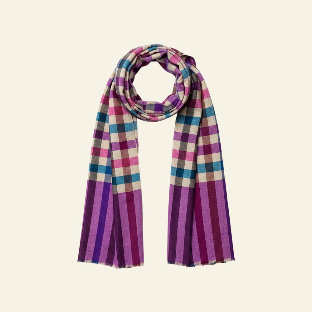 Indus Weavers CHIP pure Kashmiri checkered pashmina scarf in pink, blue, purple, and beige. Handwoven cashmere wrap.
