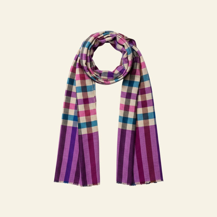 Indus Weavers CHIP pure Kashmiri checkered pashmina scarf in pink, blue, purple, and beige. Handwoven cashmere wrap.