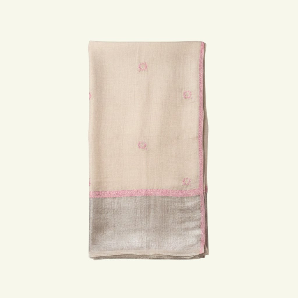 BEAU Pure Pashmina Stole – Flat Lay Showing Pink Hand Embroidery & Silver Zari Palla Detail | Indus Weavers