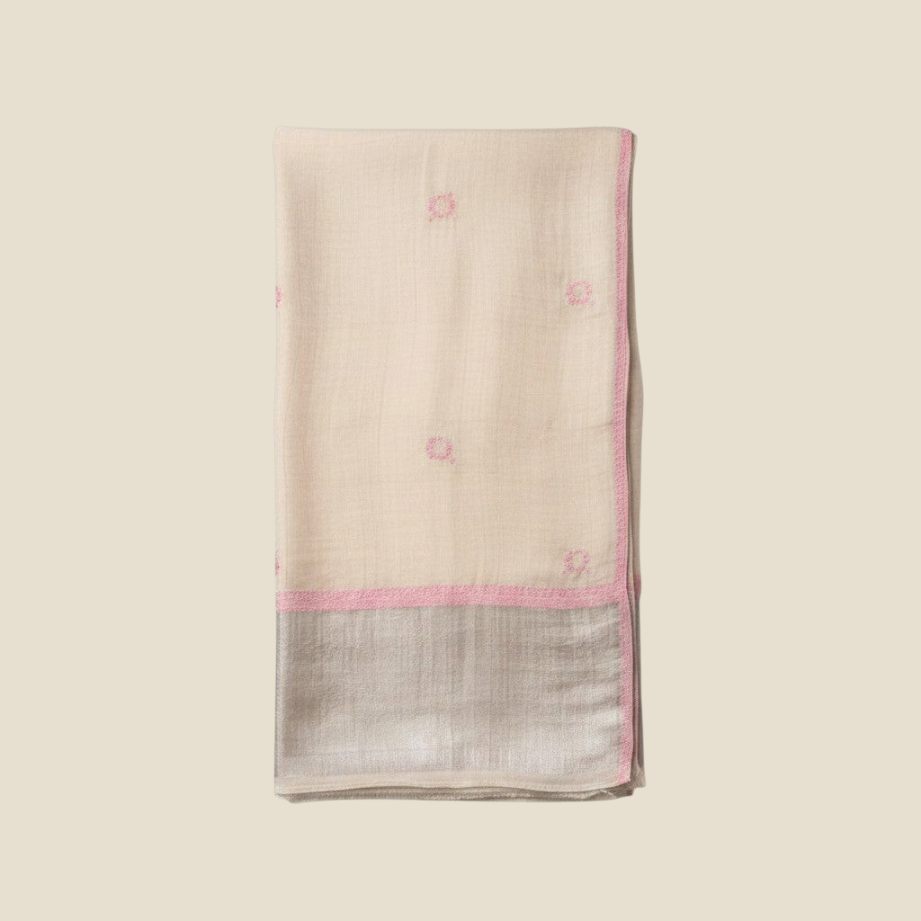 BEAU Pure Pashmina Stole – Flat Lay Showing Pink Hand Embroidery & Silver Zari Palla Detail | Indus Weavers