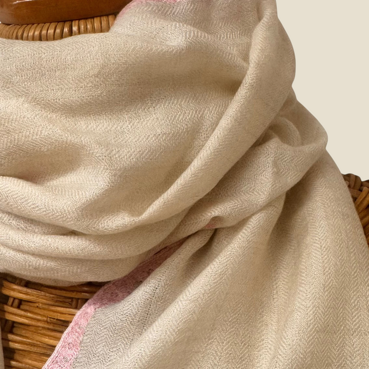 BEAU Handwoven Pashmina Stole – Close-Up of Delicate Pink Embroidery & Silver Zari Border on White Cashmere | Indus Weavers