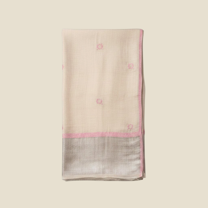 BEAU Pure Pashmina Stole – Flat Lay Showing Pink Hand Embroidery & Silver Zari Palla Detail | Indus Weavers