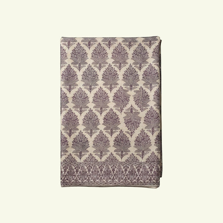 Indus Weavers Lumora shawl in beige with intricate purple floral and paisley Sozni Jamawar embroidery. 100% Pashmina wool.