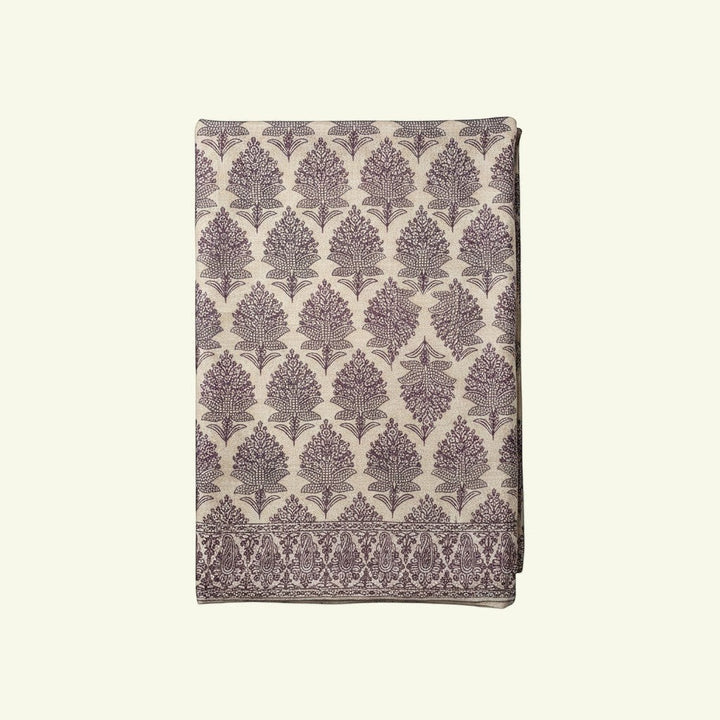 Indus Weavers Lumora shawl in beige with intricate purple floral and paisley Sozni Jamawar embroidery. 100% Pashmina wool.