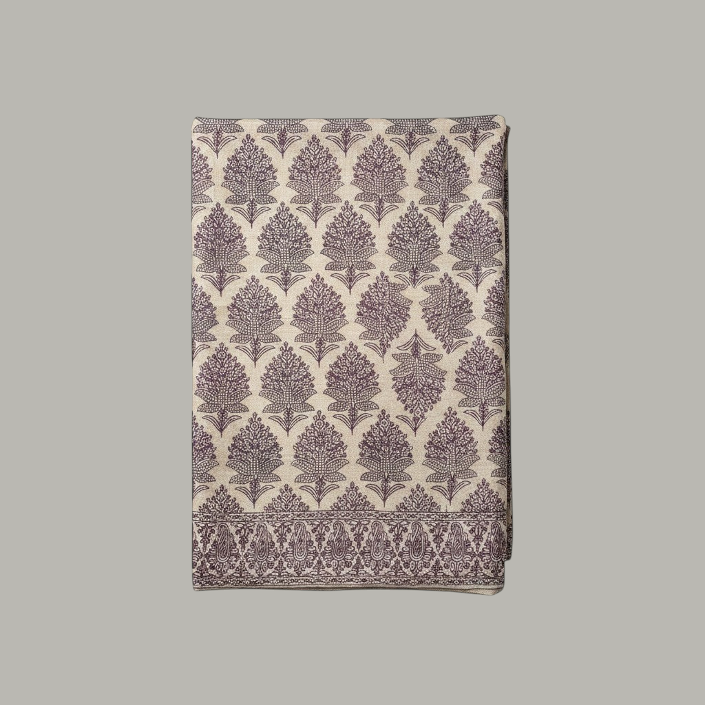 Indus Weavers Lumora shawl in beige with intricate purple floral and paisley Sozni Jamawar embroidery. 100% Pashmina wool.