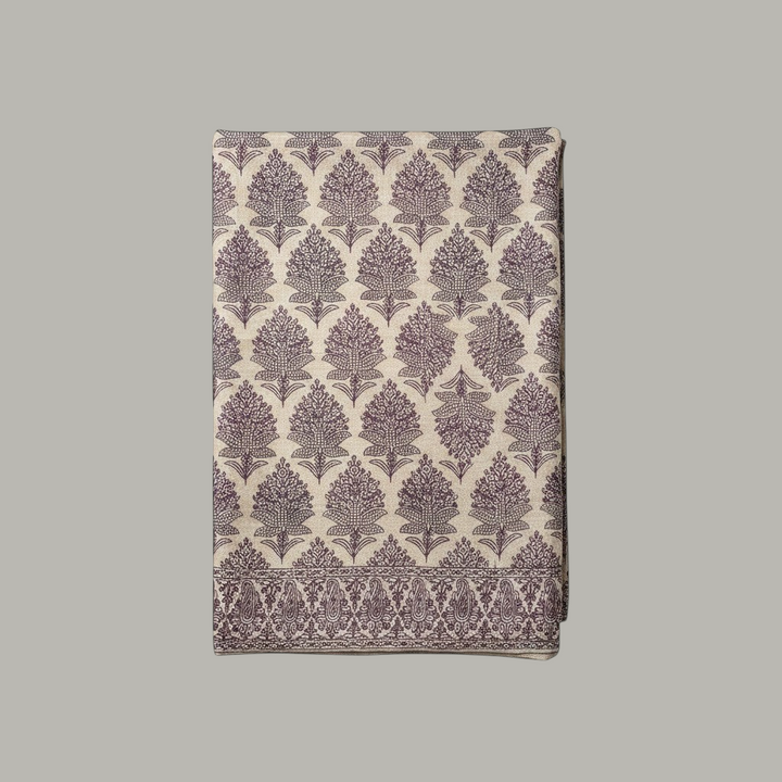 Indus Weavers Lumora shawl in beige with intricate purple floral and paisley Sozni Jamawar embroidery. 100% Pashmina wool.