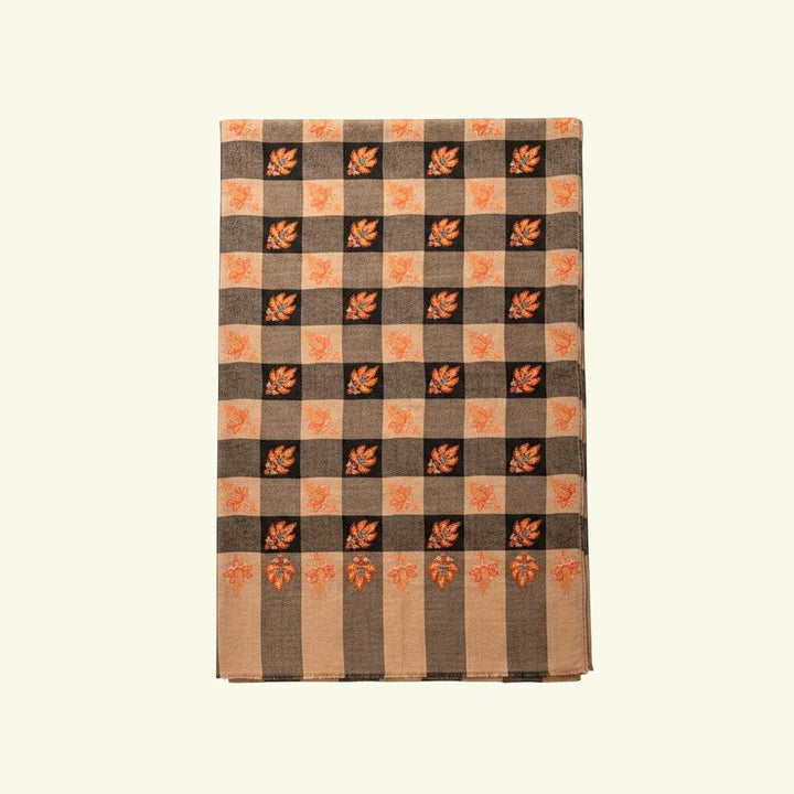 CHLOE Sozni Embroidered Pashmina – Close-Up of Intricate Copper-Orange Sozni Needlework on Checkered Cashmere | Indus Weavers