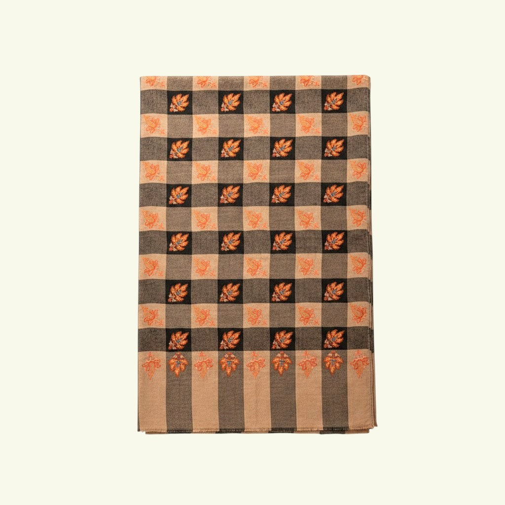 CHLOE Sozni Embroidered Pashmina – Close-Up of Intricate Copper-Orange Sozni Needlework on Checkered Cashmere | Indus Weavers