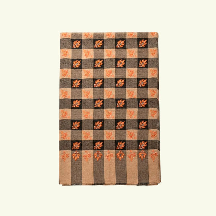 CHLOE Sozni Embroidered Pashmina – Close-Up of Intricate Copper-Orange Sozni Needlework on Checkered Cashmere | Indus Weavers