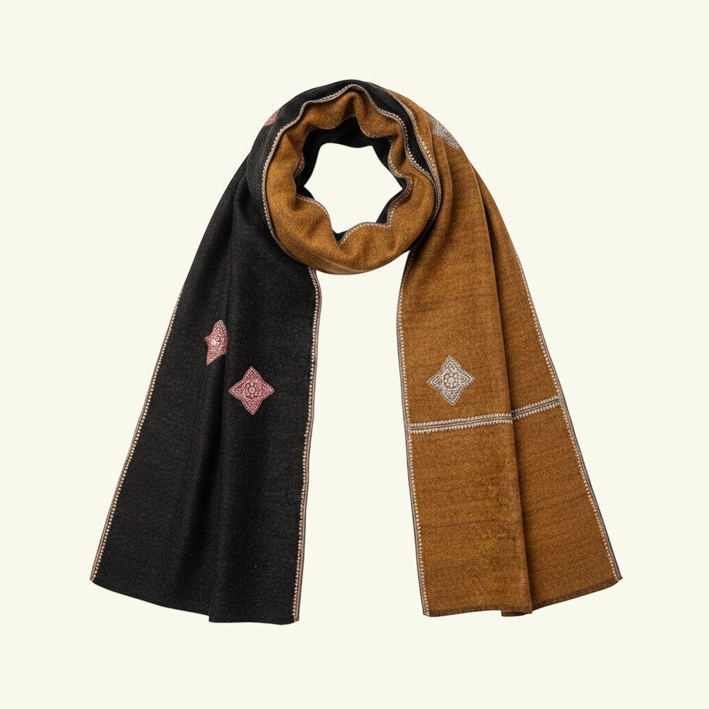 Indus Weavers reversible dark brown and mustard Aksi embroidered pure Kashmiri Pashmina shawl. Handwoven cashmere wrap with intricate double-sided needlework.