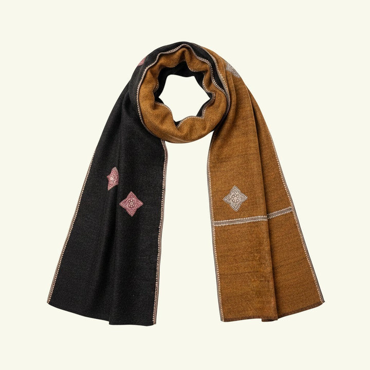 Indus Weavers reversible dark brown and mustard Aksi embroidered pure Kashmiri Pashmina shawl. Handwoven cashmere wrap with intricate double-sided needlework.