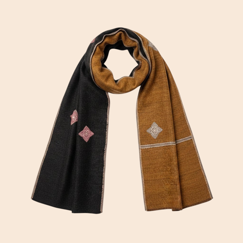 Indus Weavers reversible dark brown and mustard Aksi embroidered pure Kashmiri Pashmina shawl. Handwoven cashmere wrap with intricate double-sided needlework.
