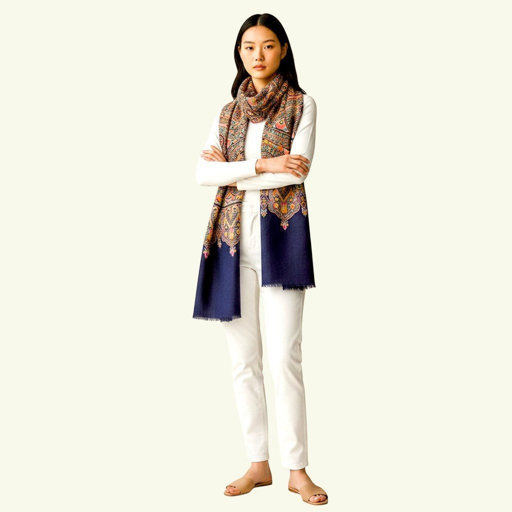 Indus Weavers VICTORIA navy blue pure Kashmiri Jamawar pashmina shawl with multicolor floral embroidery