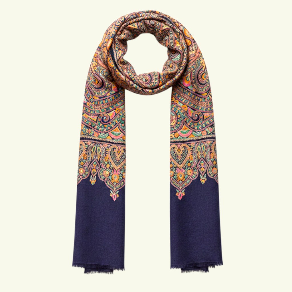 Indus Weavers navy blue pure pashmina shawl with multicolor floral Jamawar embroidery and papier mâché detailing.