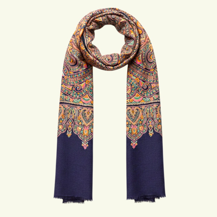 Indus Weavers navy blue pure pashmina shawl with multicolor floral Jamawar embroidery and papier mâché detailing.