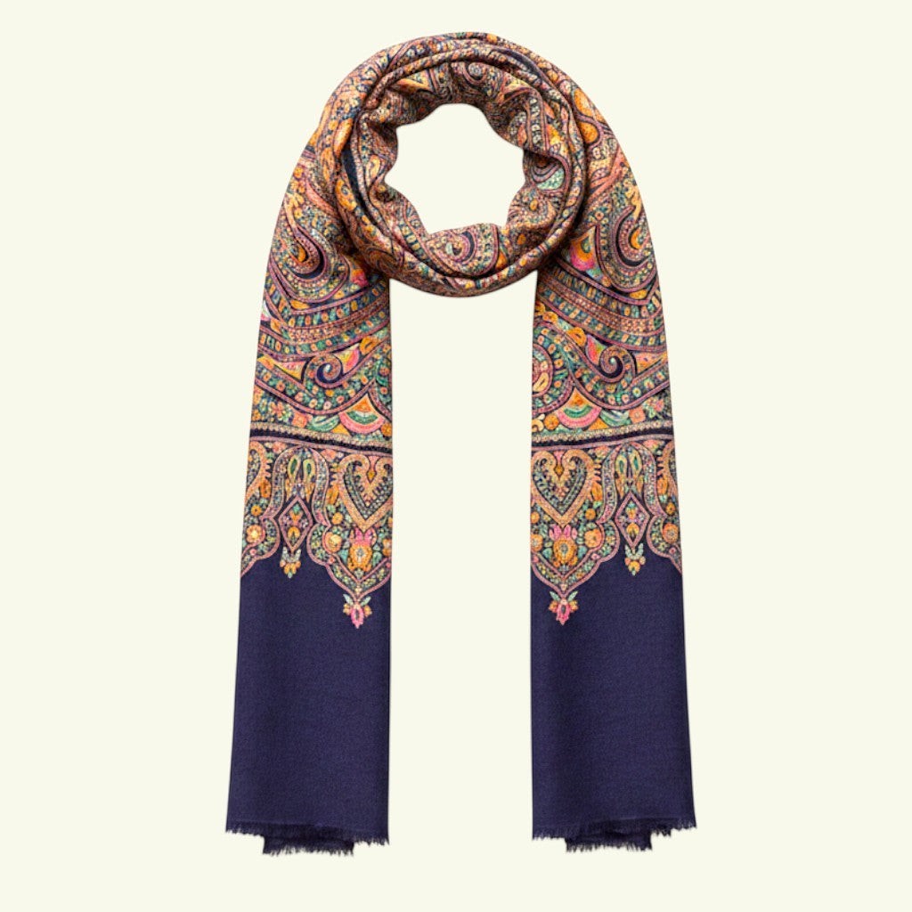 Indus Weavers navy blue pure pashmina shawl with multicolor floral Jamawar embroidery and papier mâché detailing.