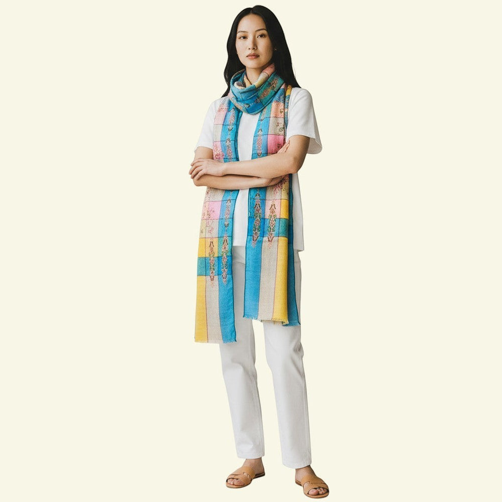 AYESHA Kashmiri Cashmere Wrap – Flat Lay Showing Full 100x200cm Checkered Pashmina with Four-Sided Paisley Embroidery | Indus Weavers