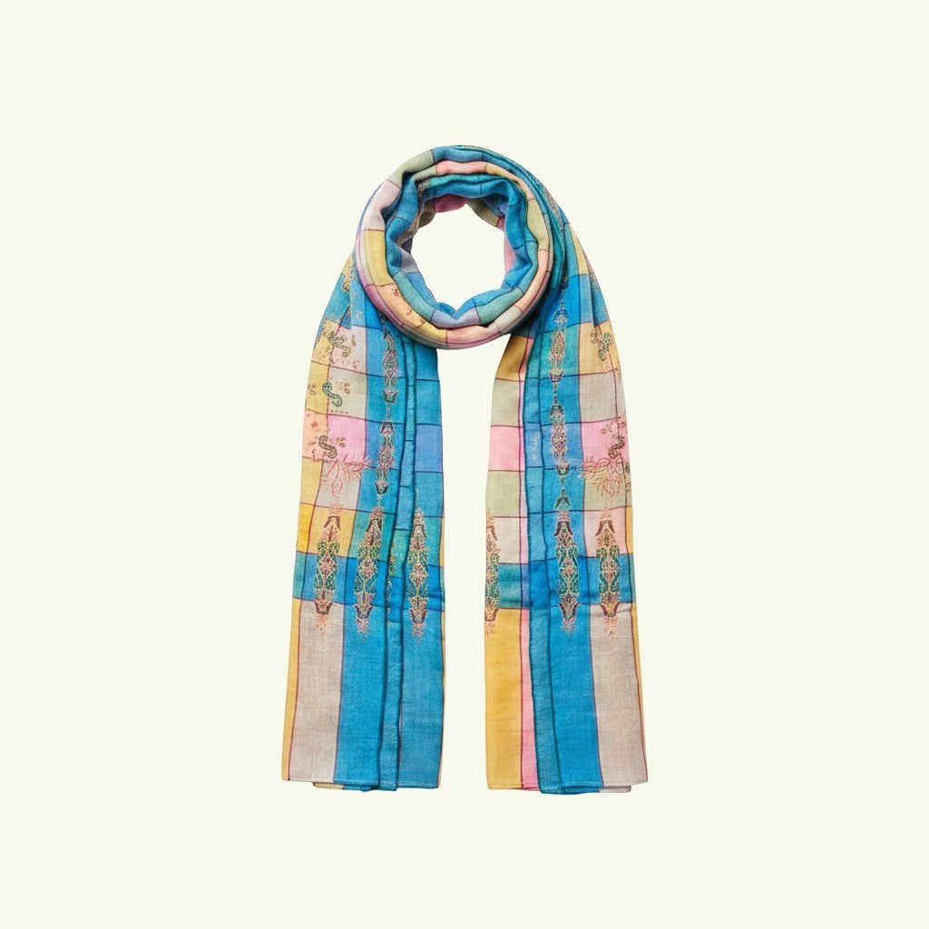 AYESHA Pure Pashmina Shawl – Close-Up of Hand-Embroidered Paisley Floral Border on Pink Blue Peach Checkered Cashmere | Indus Weavers