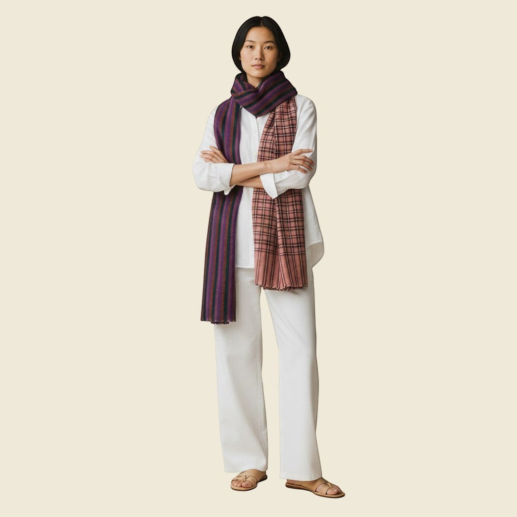 FIONA Pure Pashmina Shawl – Striped Side Showing Purple Green Brown Handwoven Pattern | Indus Weavers