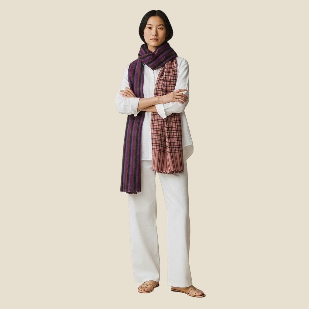 FIONA Pure Pashmina Shawl – Striped Side Showing Purple Green Brown Handwoven Pattern | Indus Weavers