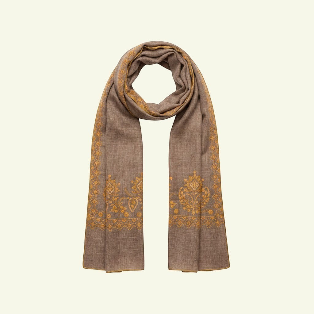 ANNA Kashmiri Pashmina Shawl – Flat Lay Showing Natural Taupe Undyed Cashmere with Hand Embroidered Corner Detail | Indus Weavers