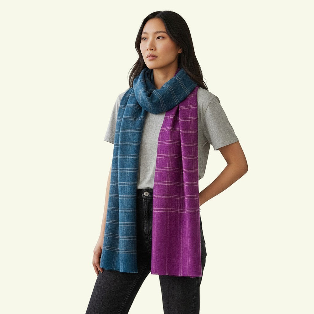 Indus Weavers REBECCA reversible shawl in pure Kashmiri Pashmina wool. Features a checkered design in teal blue and magenta.