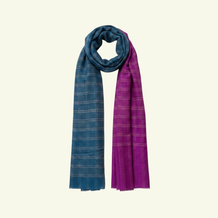 Indus Weavers REBECCA reversible checkered pure Kashmiri Pashmina shawl in teal and purple
