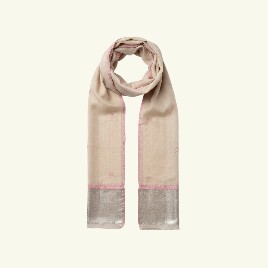 Indus Weavers BEAU pure Kashmiri Pashmina stole in soft white with pink embroidery and silver zari border. Handwoven.