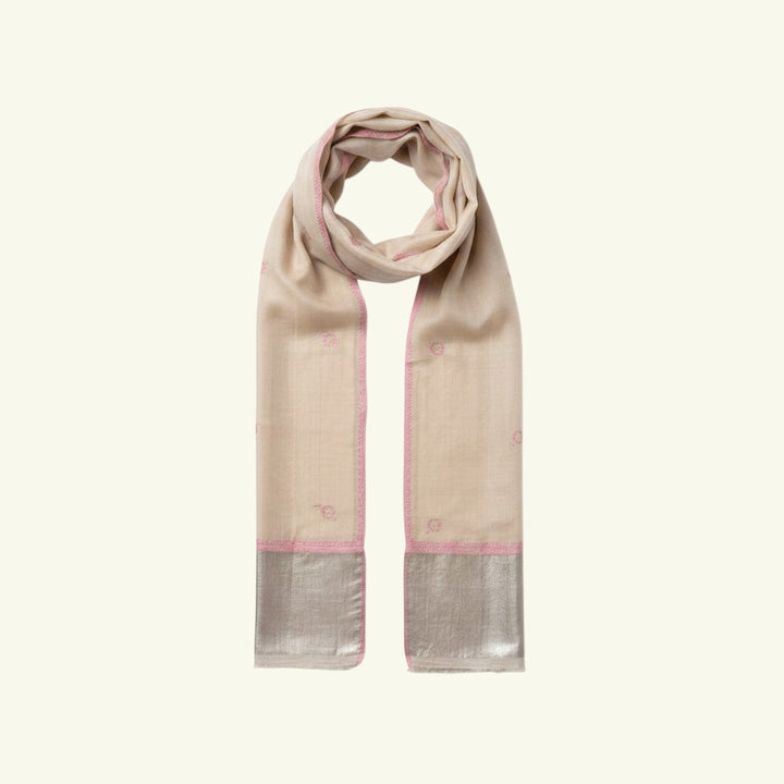 Indus Weavers BEAU pure Kashmiri Pashmina stole in soft white with pink embroidery and silver zari border. Handwoven.