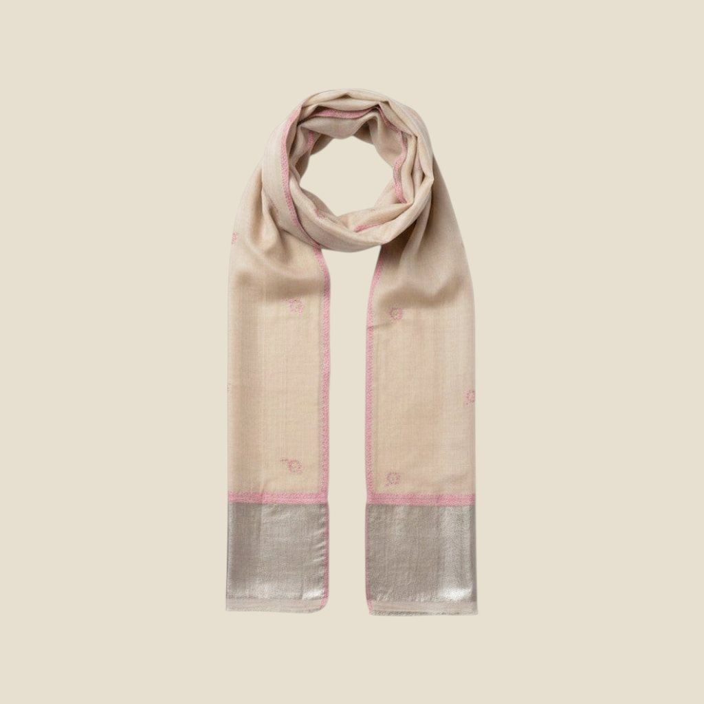 Indus Weavers BEAU pure Kashmiri Pashmina stole in soft white with pink embroidery and silver zari border. Handwoven.