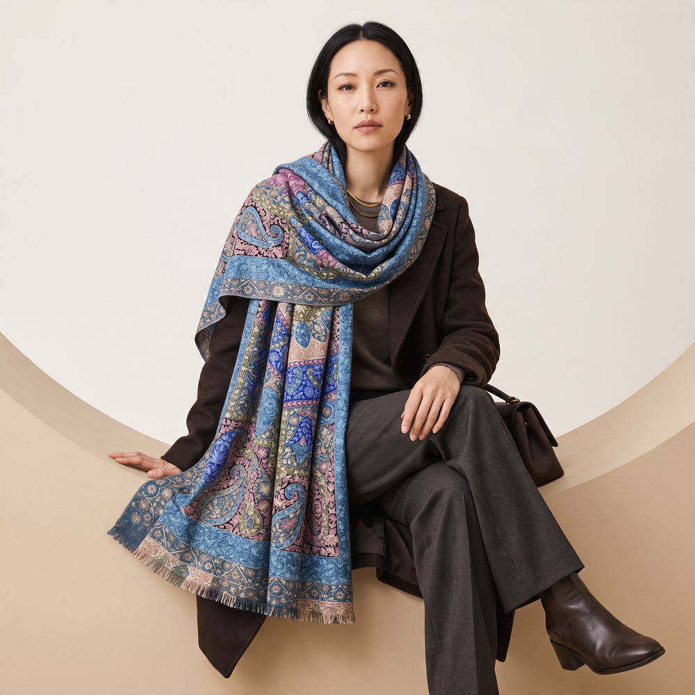 Indus Weavers Regina pashmina shawl with blue and green Kalamkari mandala print and intricate Sozni embroidery