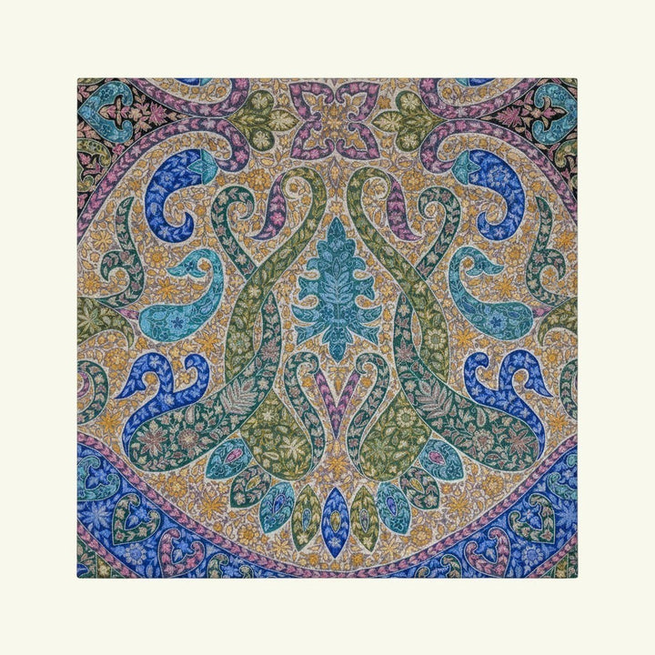 Indus Weavers Regina Pashmina shawl featuring blue and green Kalamkari mandala painting and intricate Sozni embroidery