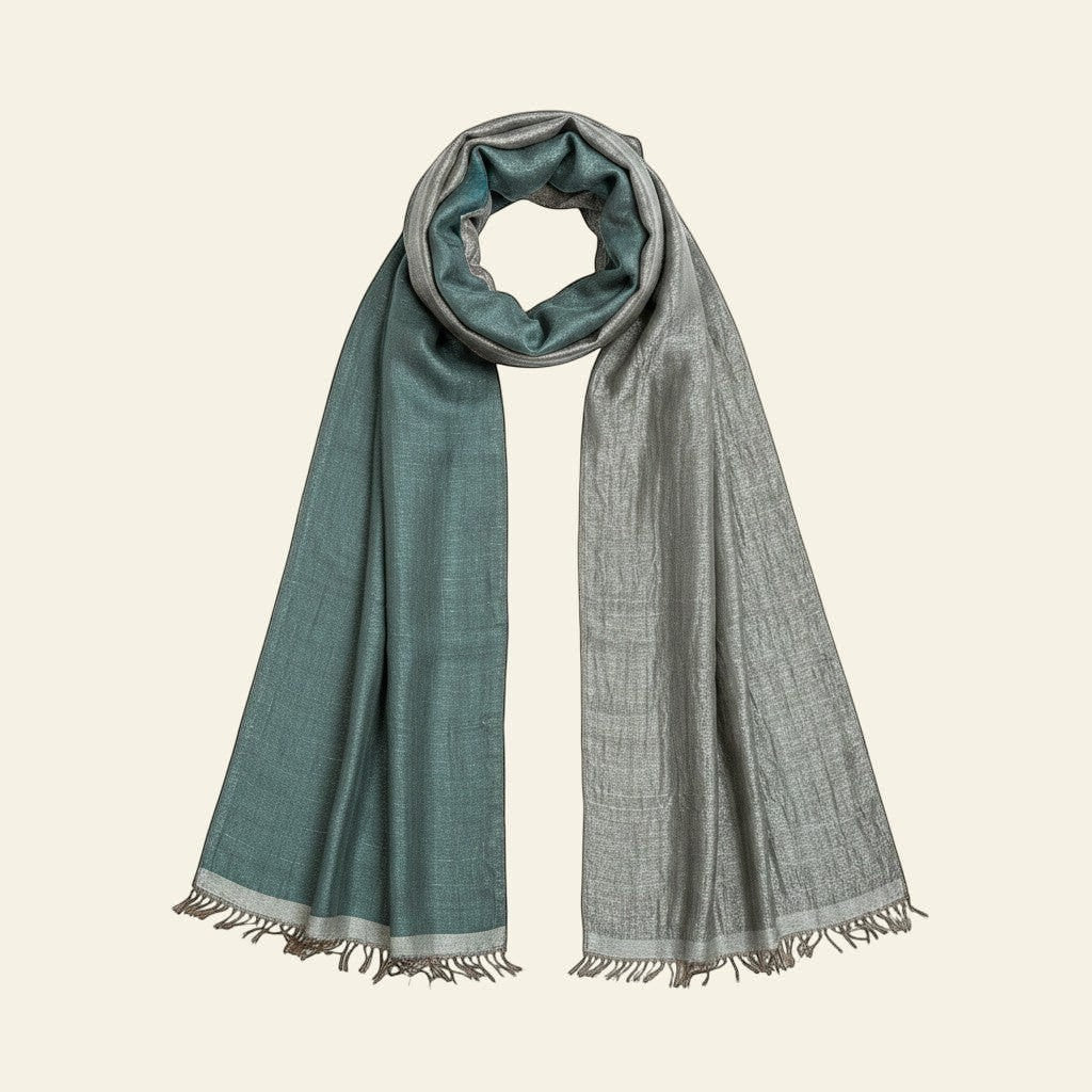 Indus Weavers reversible taupe grey and green Pashmina shawl with metallic sheen, 100% cashmere, handwoven.