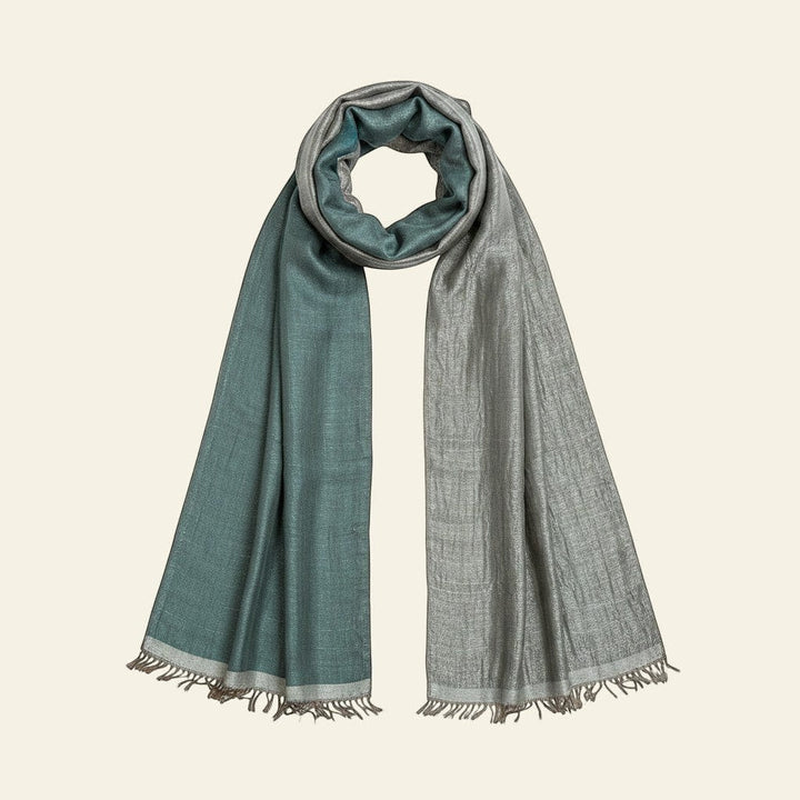 Indus Weavers reversible taupe grey and green Pashmina shawl with metallic sheen, 100% cashmere, handwoven.