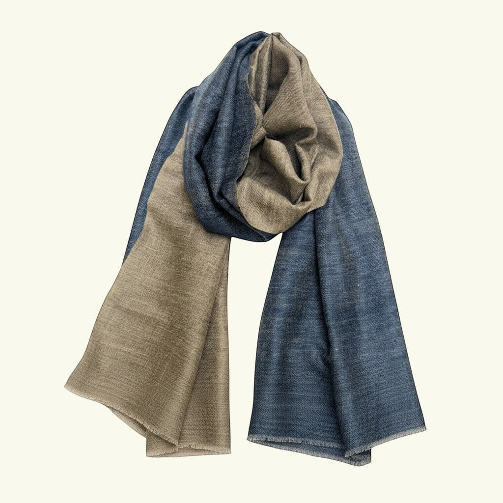 Indus Weavers NOOR reversible Pashmina stole in dual-tone blue and beige. Handwoven 100% cashmere scarf with a soft, lightweight drape.