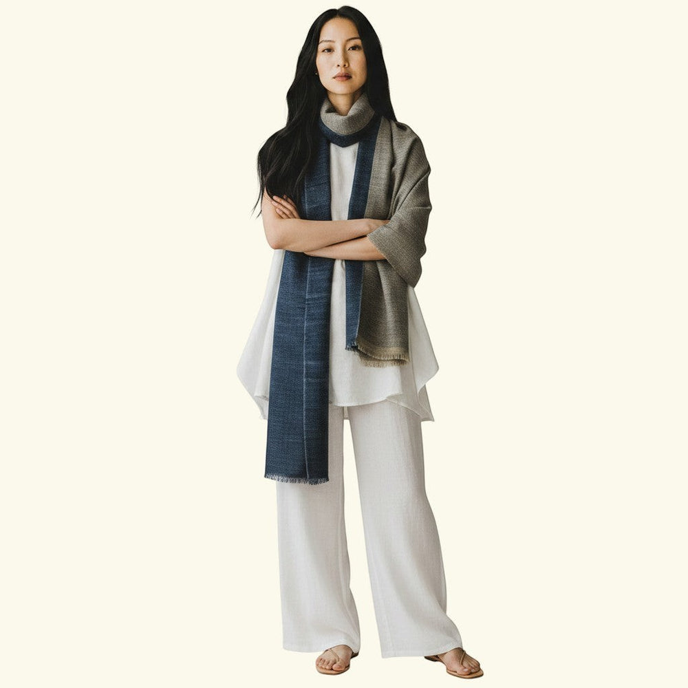 Indus Weavers NOOR reversible dual-tone Pashmina stole in navy blue and grey, 100% cashmere, handwoven.