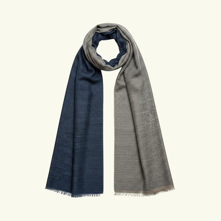 Indus Weavers NOOR dual-tone reversible Pashmina stole in navy blue and grey cashmere. Handwoven texture.