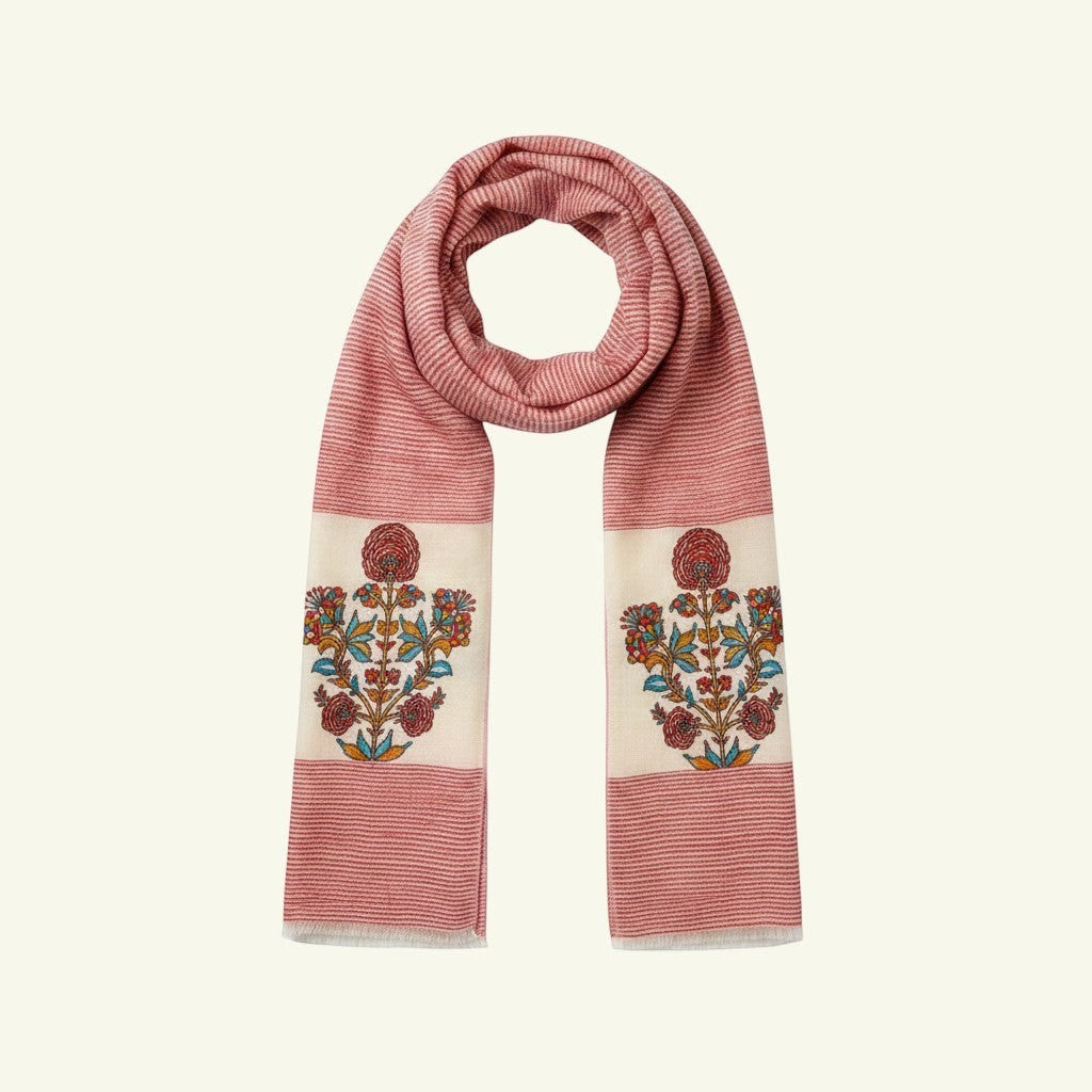 Indus Weavers Rubina pure pashmina shawl in red with ivory floral embroidery. Lightweight and soft.