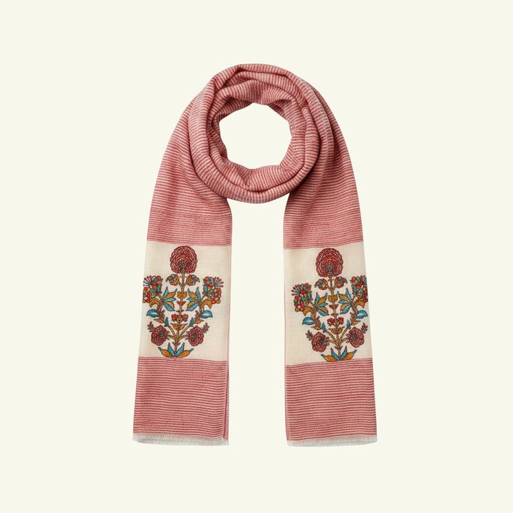 Indus Weavers Rubina pure pashmina shawl in red with ivory floral embroidery. Lightweight and soft.