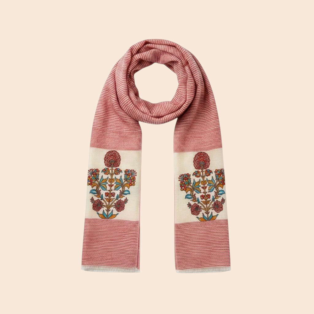 Indus Weavers Rubina pure pashmina shawl in red with ivory floral embroidery. Lightweight and soft.