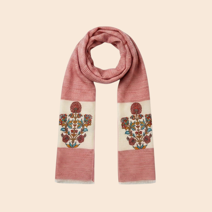 Indus Weavers Rubina pure pashmina shawl in red with ivory floral embroidery. Lightweight and soft.