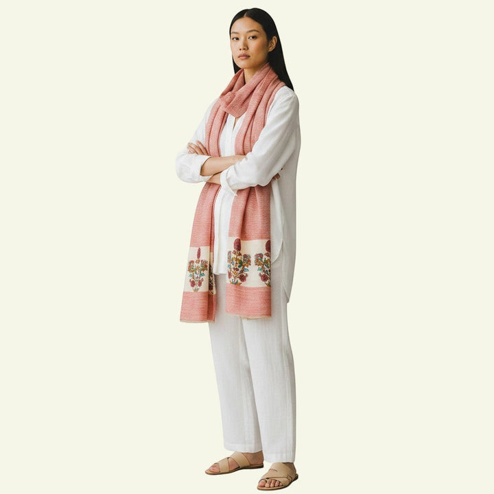 Indus Weavers Rubina pure Pashmina shawl in red with floral Kashmiri embroidery on ivory panels. Lightweight and soft.
