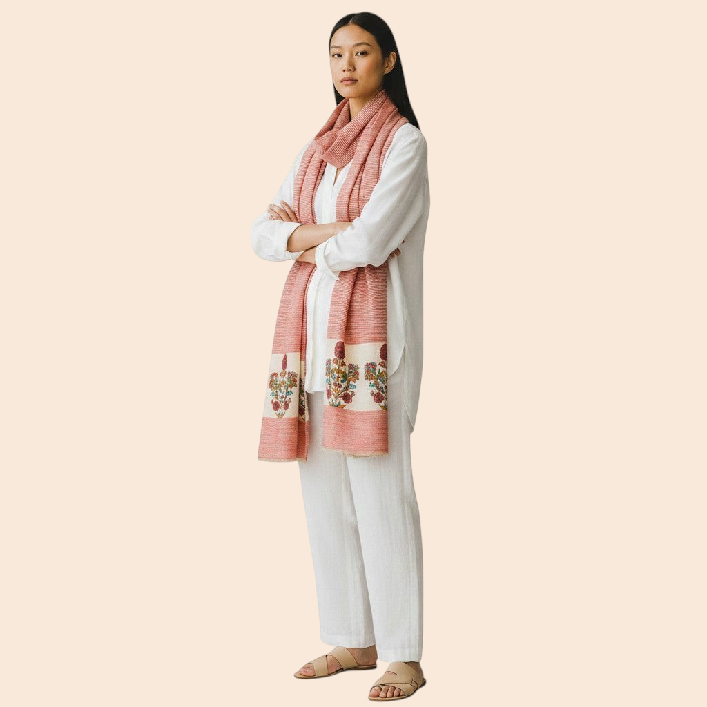 Indus Weavers Rubina pure Pashmina shawl in red with floral Kashmiri embroidery on ivory panels. Lightweight and soft.